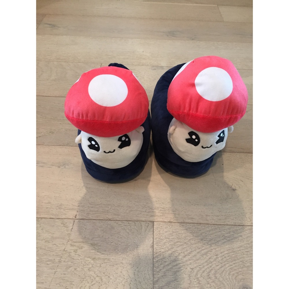 Plush Mushroom Character Slippers Navy Blue Red White Polka Dot House Shoes